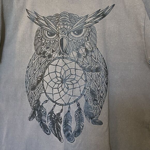 Men’s T-shirt Medium Owl With Dream Catcher Dark Grey Brown Casual - Picture 2 of 4